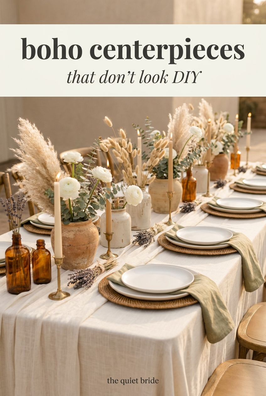 Afrohemian boho wedding tablescape with terracotta vases, pampas grass, and brass candle holders